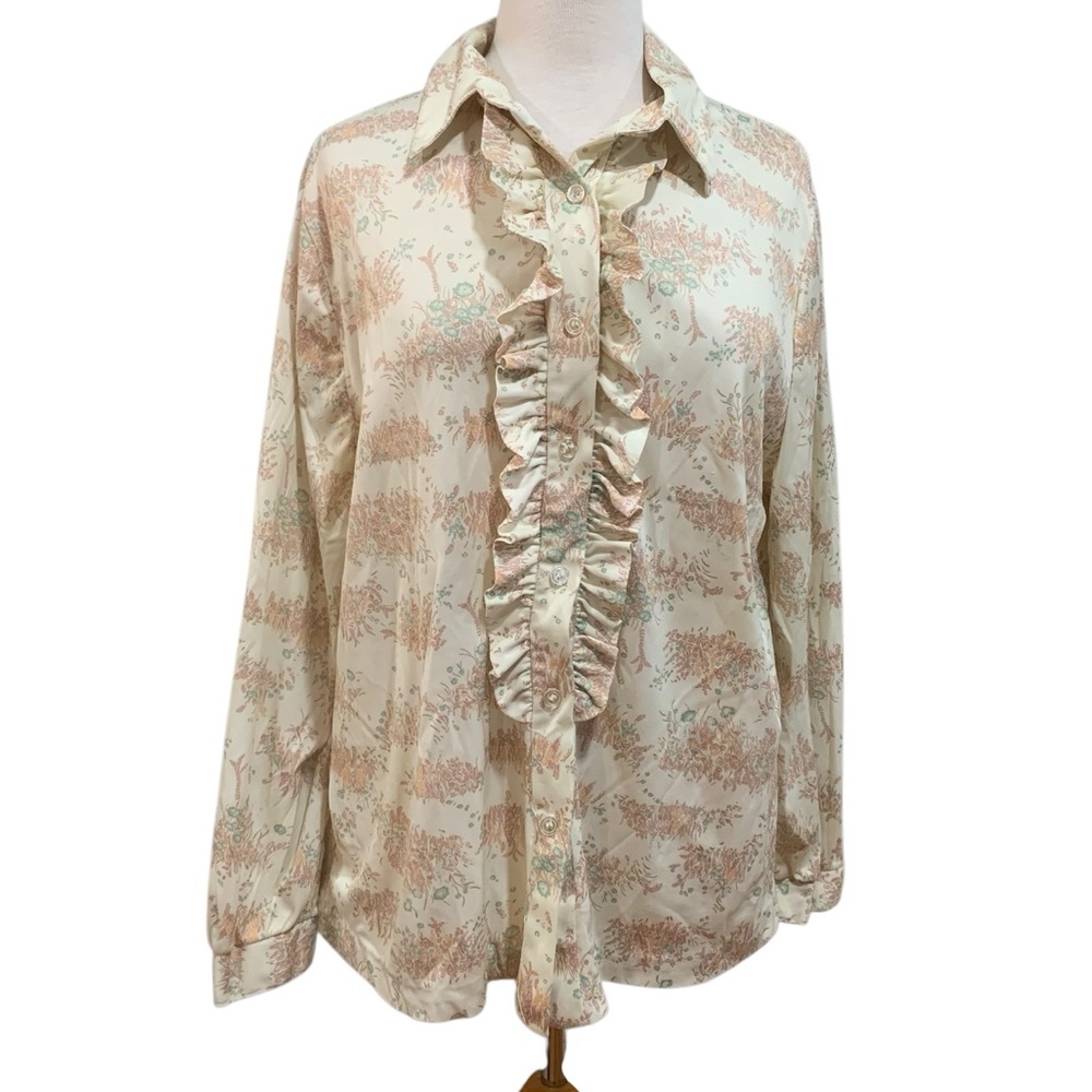 Vntg 70’s Lady Devon volup floral long sleeved ruffle front button down